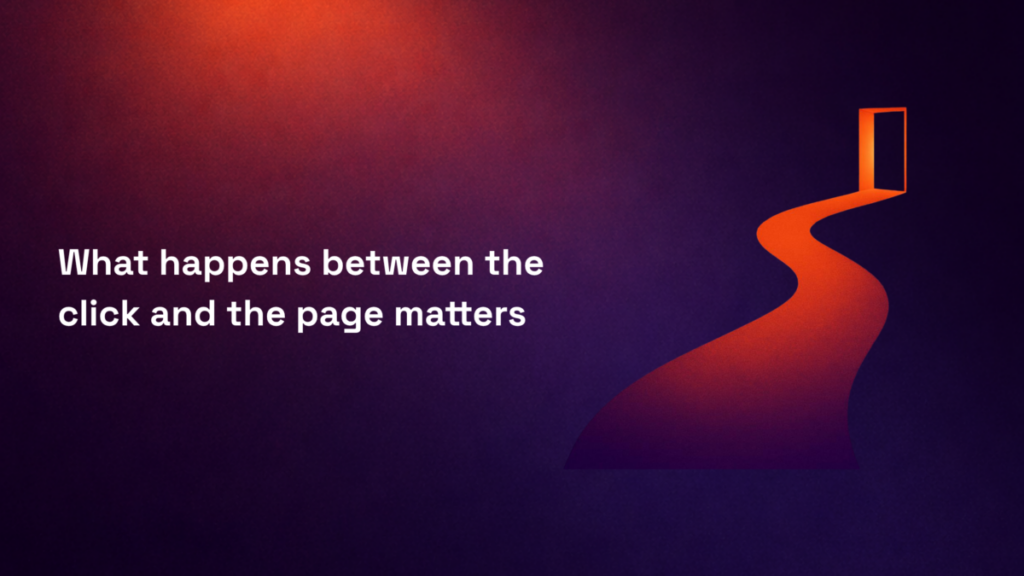 Text reading “What happens between the click and the page matters” beside a winding path leading to a doorway, symbolizing the importance of the post-click journey.