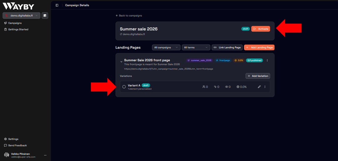 Getting started – Turning your campaigns and landing pages on