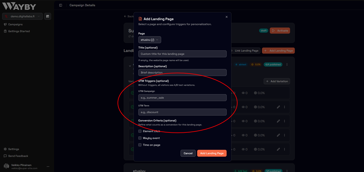 Advanced: Setting up UTM_campaign or UTM_term Wayby campaign