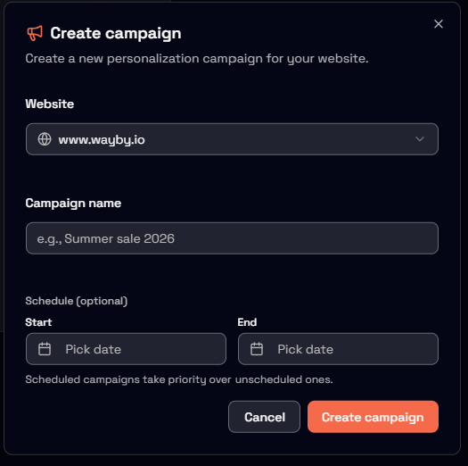 Wayby campaign creation view showing website selection, campaign name, and scheduling