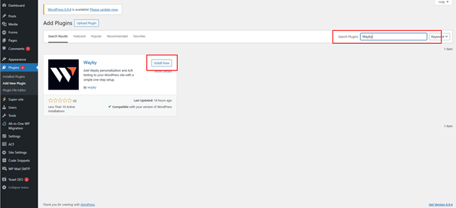 Wayby landing page setup view showing linked page settings and conversion criteria