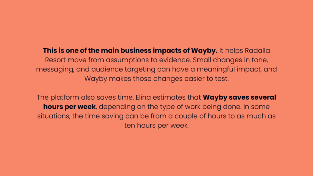 Image that says "This is one of the main business impacts of Wayby. It helps Radalla Resort move from assumptions to evidence. Small changes in tone, messaging, and audience targeting can have a meaningful impact, and Wayby makes those changes easier to test.

The platform also saves time. Elina estimates that Wayby saves several hours per week, depending on the type of work being done. In some situations, the time saving can be from a couple of hours to as much as ten hours per week."